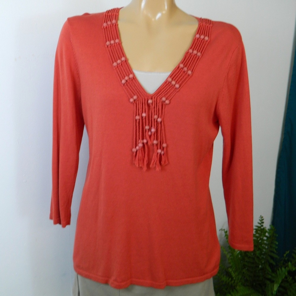 Reba Silk Cotton Blend Top Women Large Orange V-Neck Macrame Beaded Tassel Boho